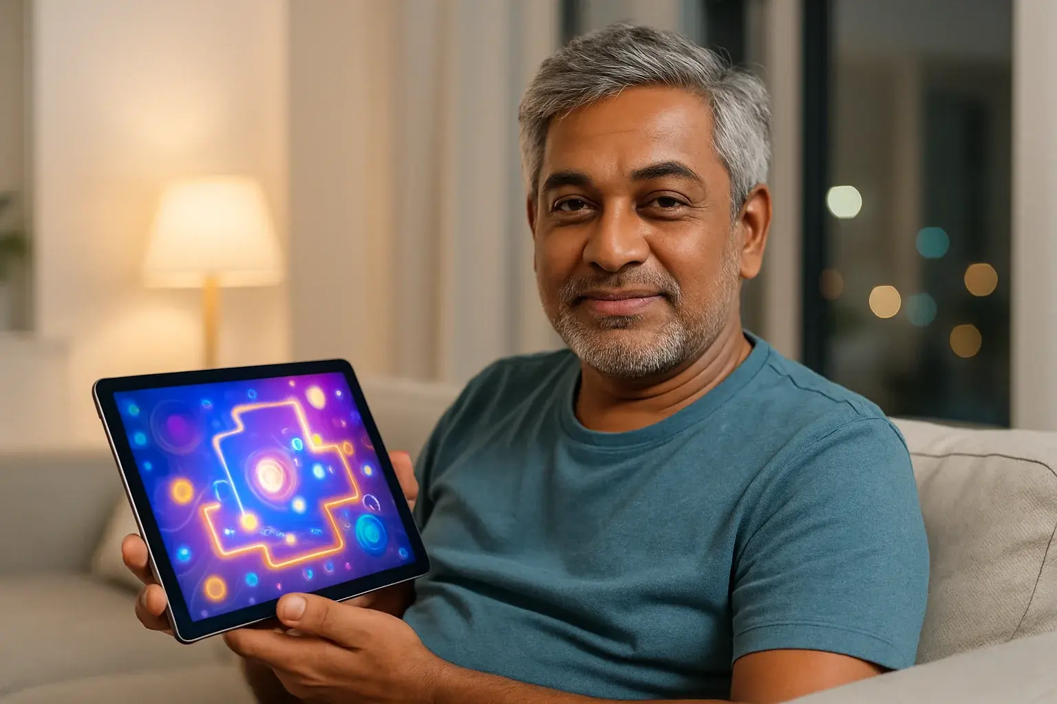Older Bangladeshi man on sofa holding tablet with colorful gaming app UI