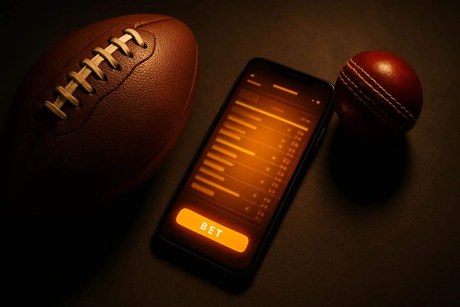 Football and cricket ball beside smartphone showing glowing betting interface