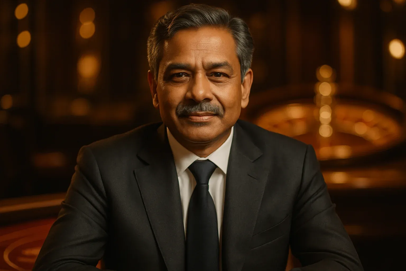 Distinguished Bangladeshi man in suit seated at luxurious live casino table