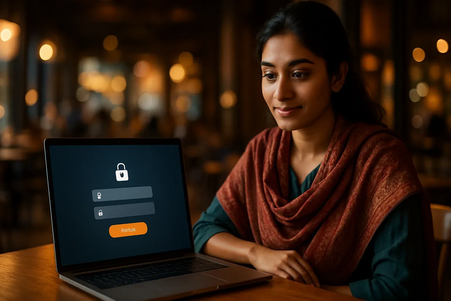 Young Bangladeshi student at cafe with laptop showing stylized login form