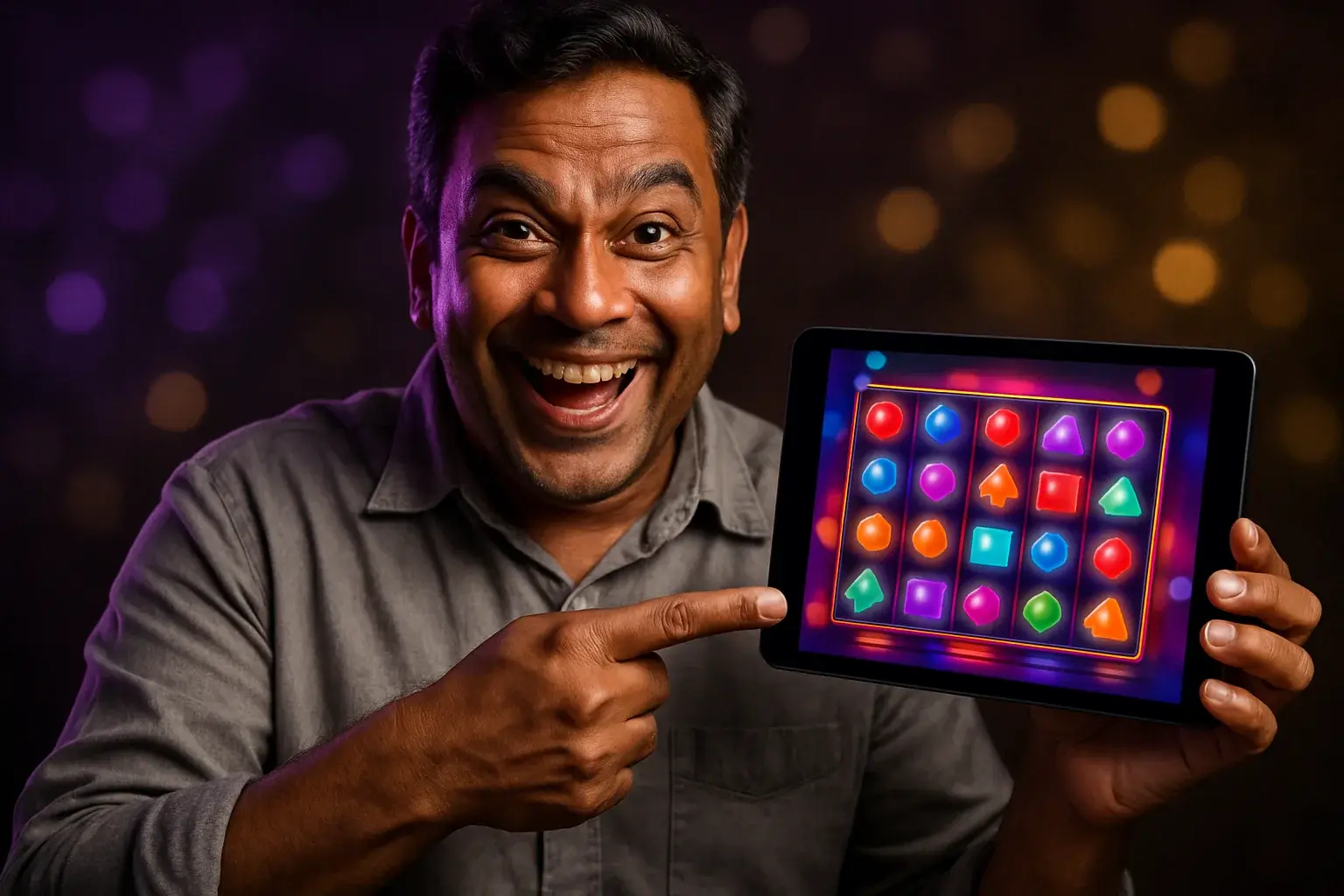 Enthusiastic Bangladeshi man pointing at tablet showing colorful slot game reels